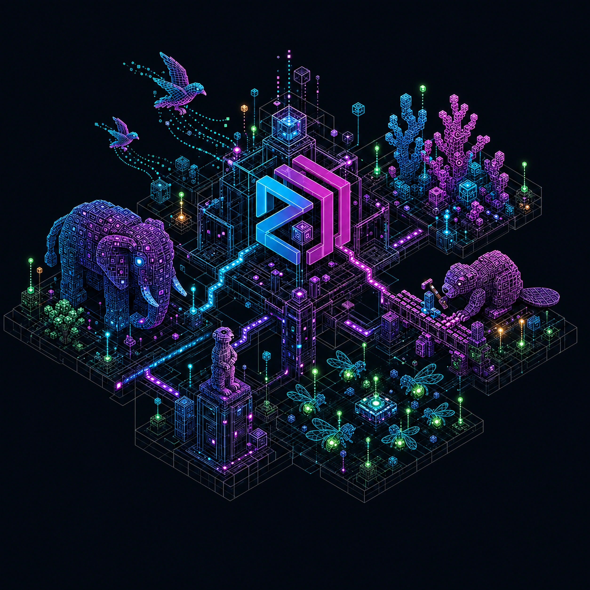 An isometric digital ecosystem built around the ZooBC network, with an elephant, birds, a beaver, meerkat keepers, coral applications, and glowing live nodes
