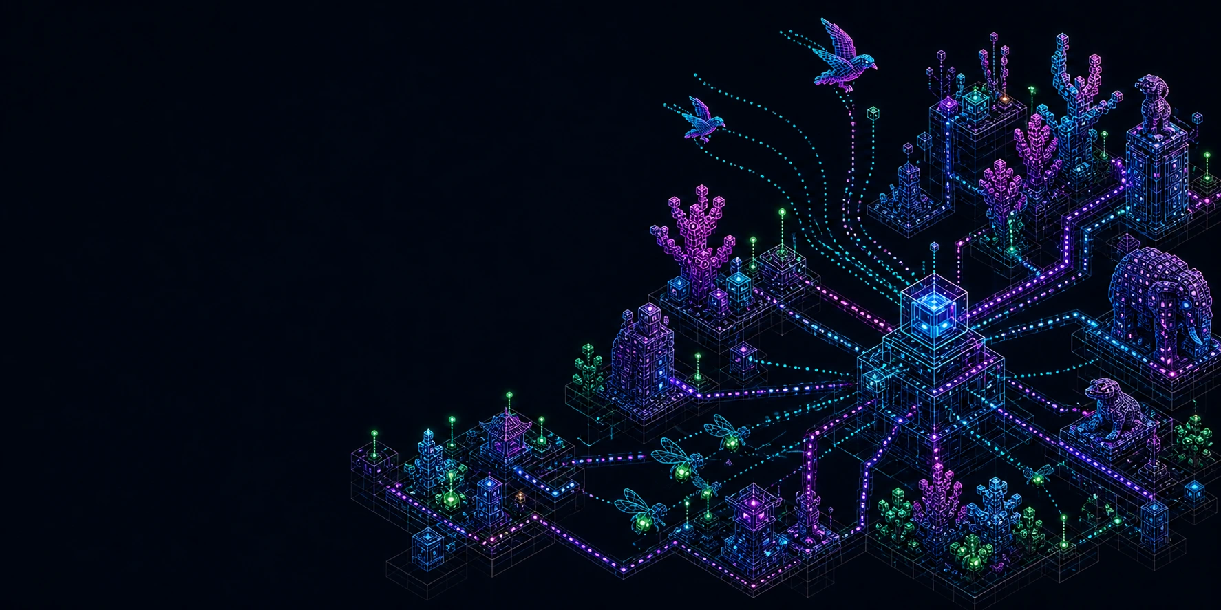 A living isometric community habitat where firefly nodes and species routes converge