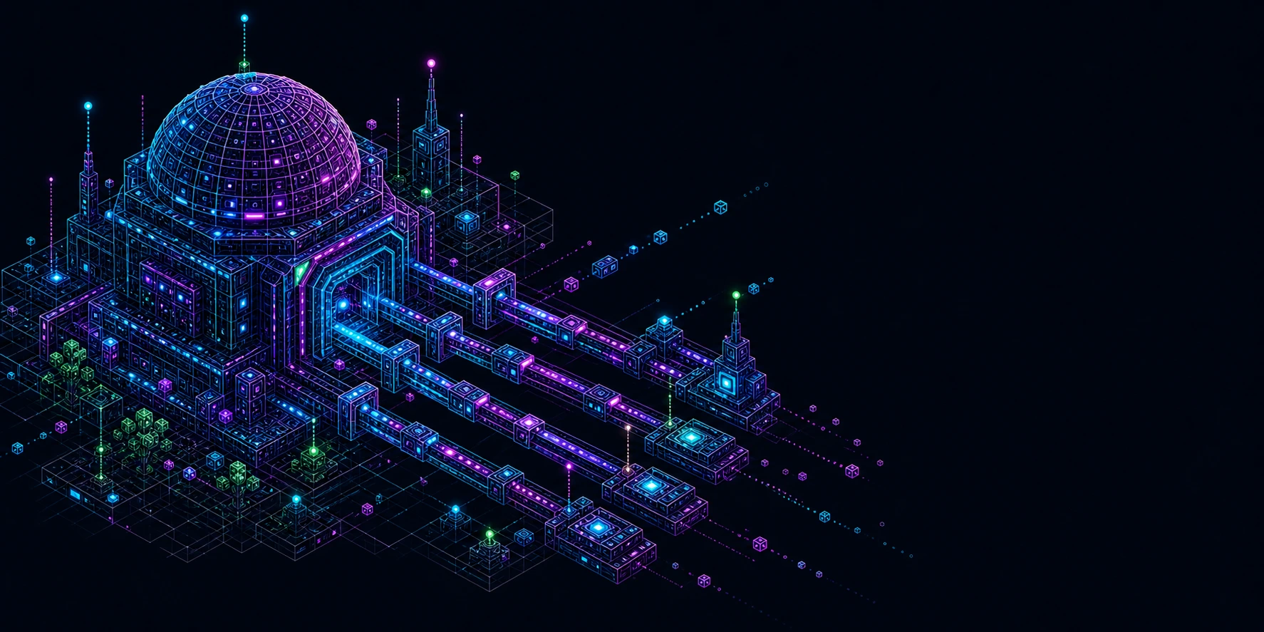 An isometric ZooBC observatory with four illuminated launch rails