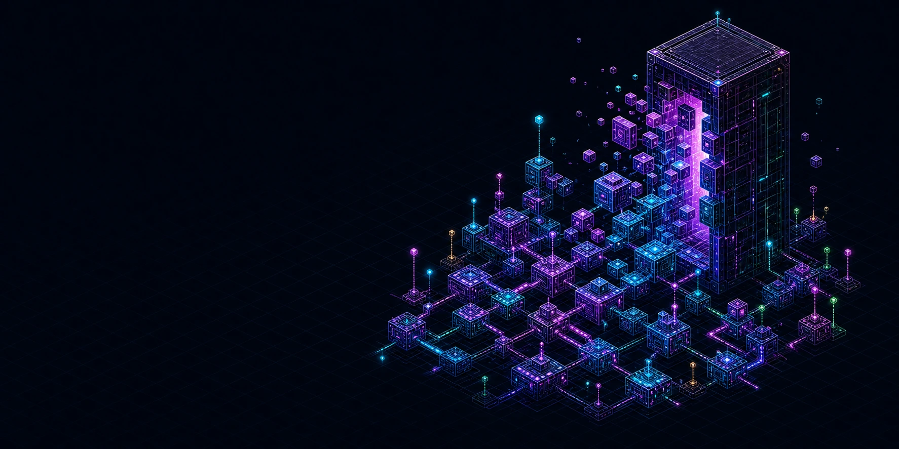 An isometric centralized tower breaking open into a distributed network habitat