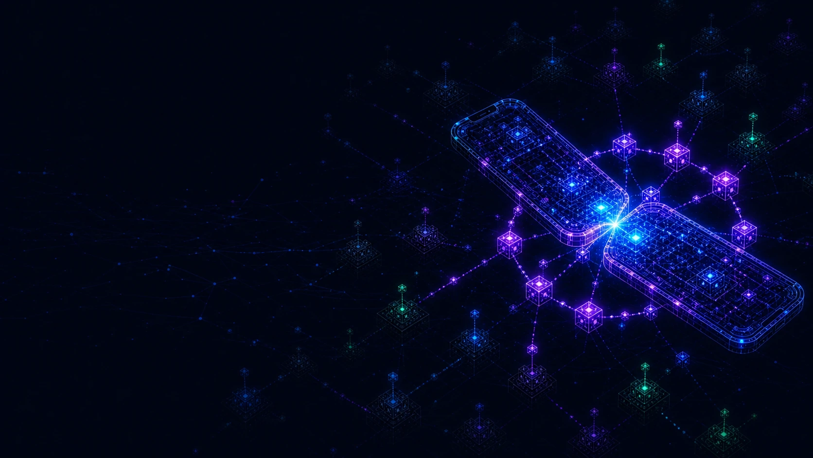 Two luminous phone forms meet at a physical contact point while a small local ZooBC-style node cell activates around them