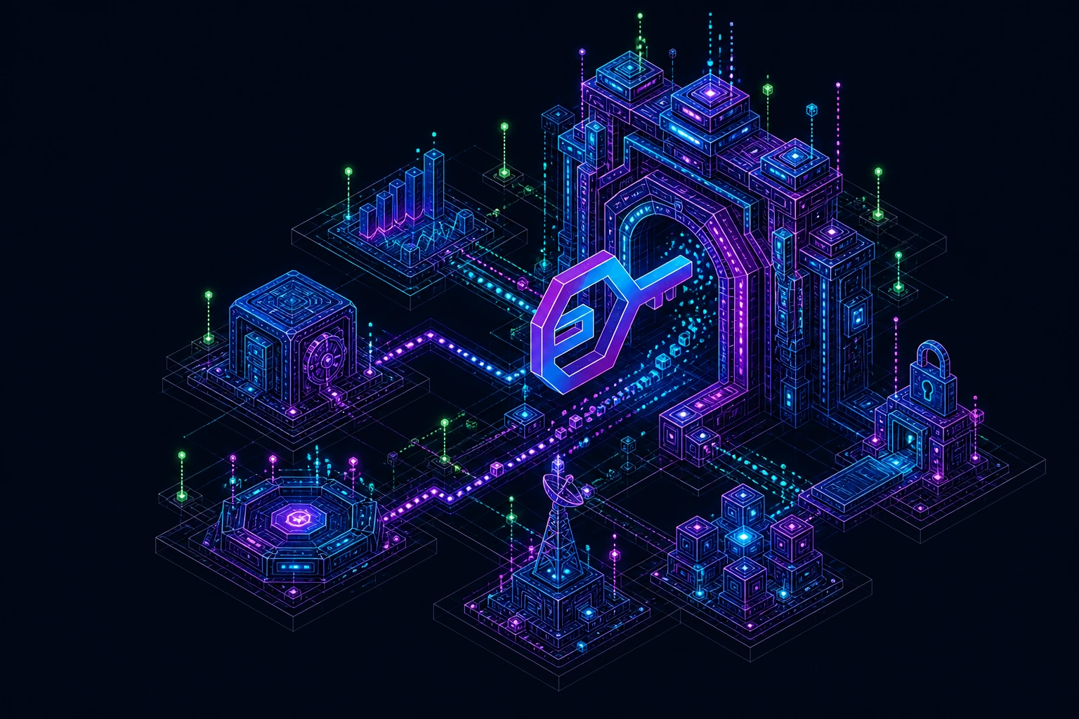 An isometric gateway connecting six ZooBC network service modules